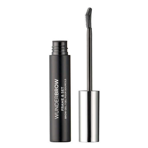 Wunderbrow brow product with black applicator on a white background, clear brow gel